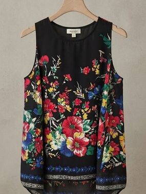 meraki Black Floral Tank Top with Red, Blue & Yellow Blooms